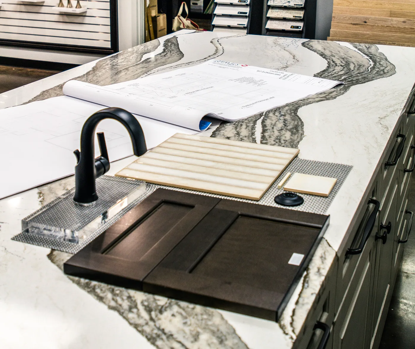 Cabinet, tile, and countertop selections at the Stewart Remodel Design Build Design Center in Colorado Springs